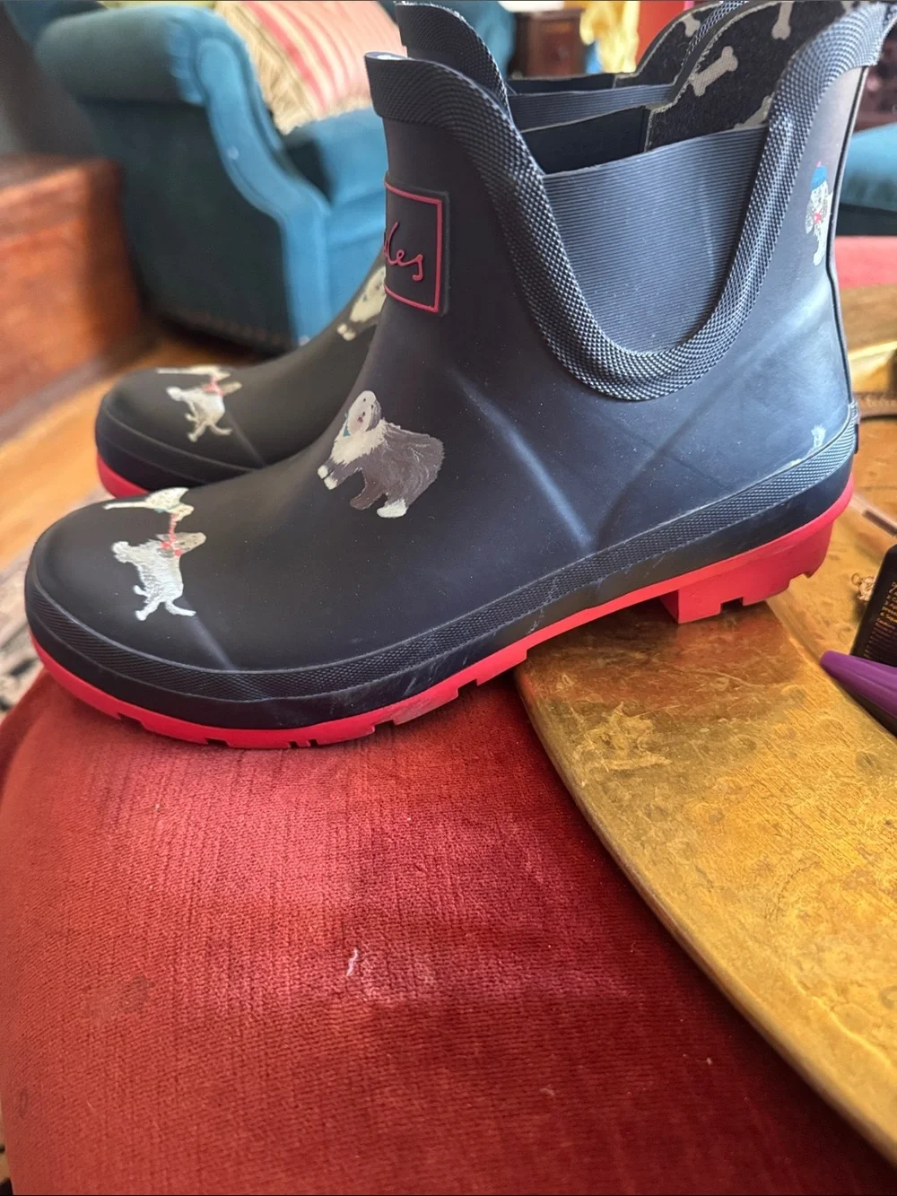 Joules Navy Rain Boots with Red Soles and Dog Print